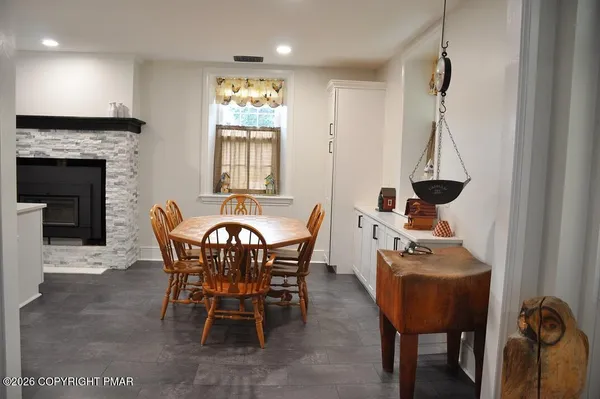 a view of a dining room with furniture