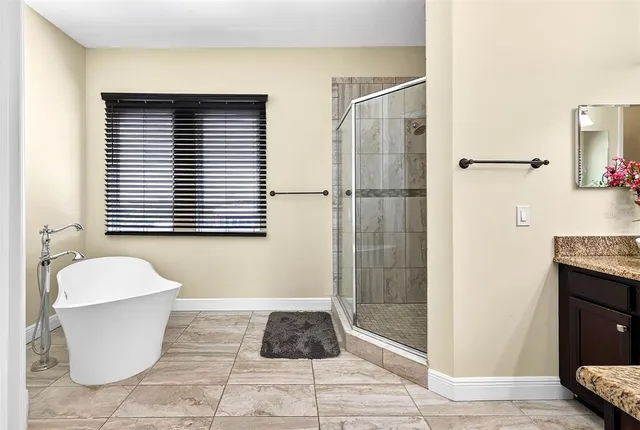 a bathroom with a bathtub and a shower