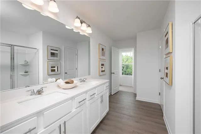 a bathroom with a sink a mirror and a shower