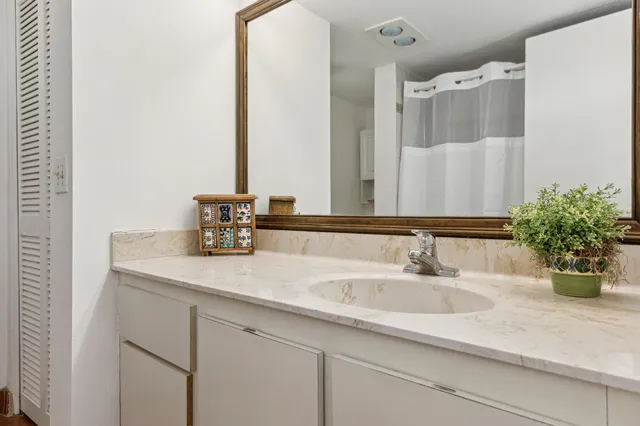 a bathroom with a sink and a mirror
