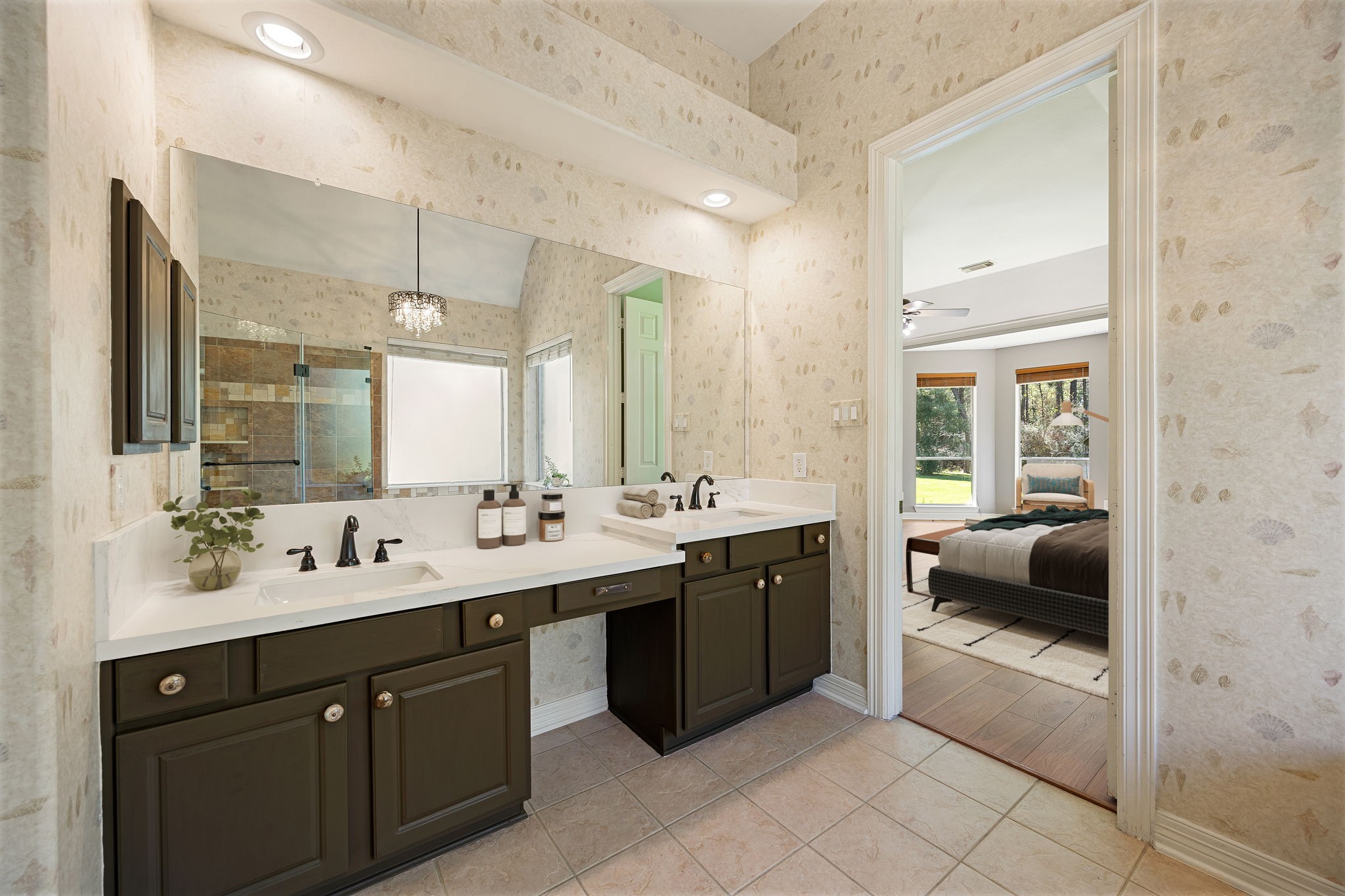 14419 Timbergreen Drive Magnolia, TX 77355 - Photo 14 of 43 Spacious primary bathroom featuring double sinks, a large vanity with plenty of storage, and a separate shower. Designed for comfort and functionality, this bathroom offers the perfect space for everyday living.