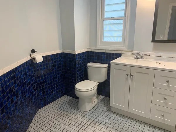 a bathroom with a toilet a sink and mirror