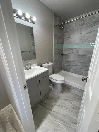a bathroom with a sink a toilet a mirror and shower