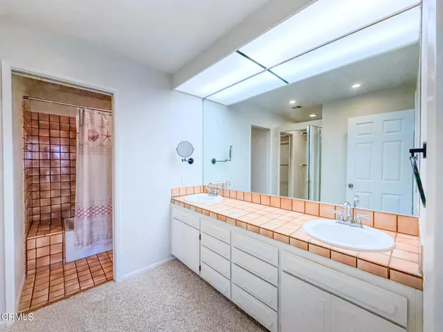 a bathroom with a sink and a large mirror