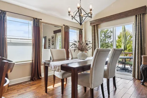 a view of a dining room with furniture window and wooden floor