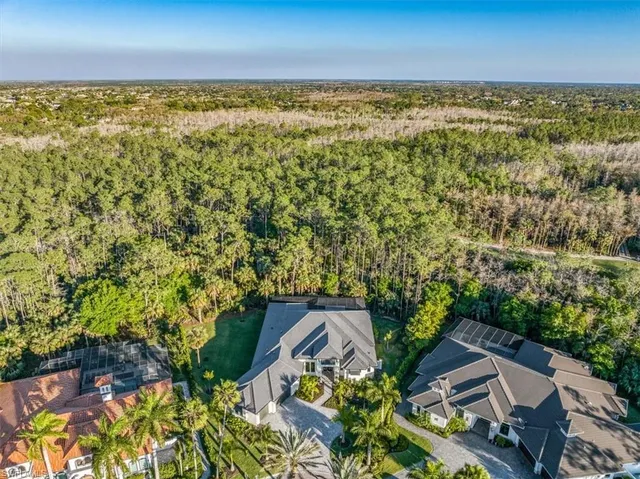 an aerial view of residential houses with outdoor space and trees