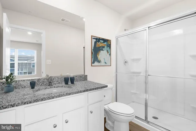 a bathroom with a granite countertop sink toilet and shower