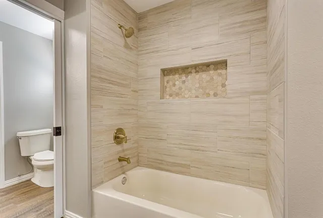 a bathroom with a bathtub and a toilet