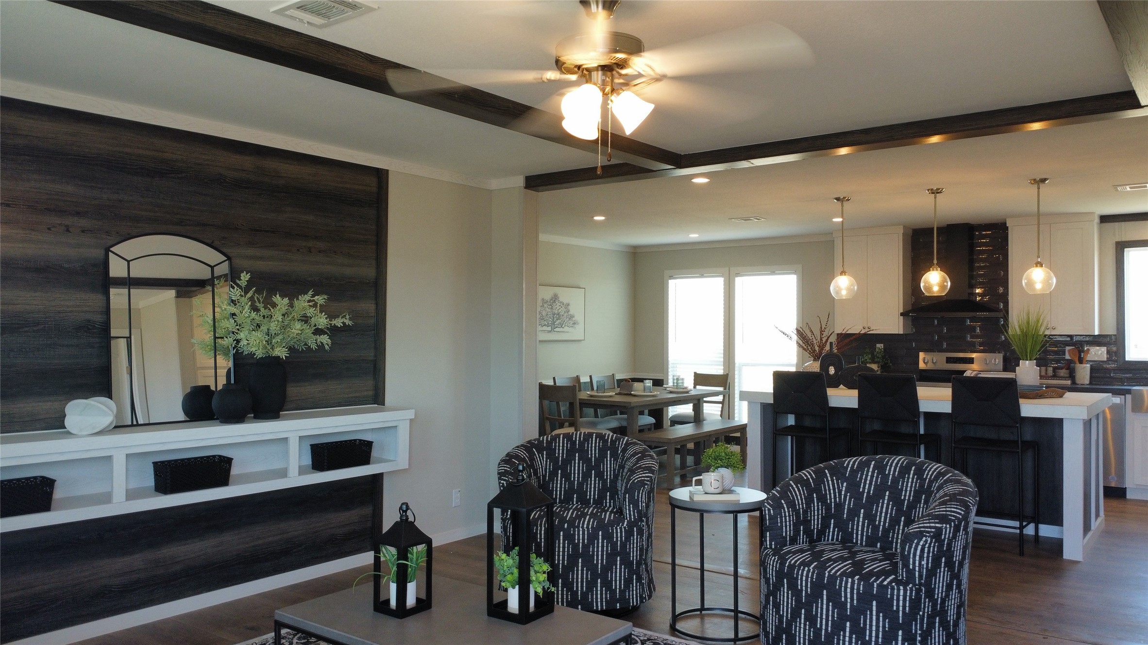 147 Ardales Drive Elgin, TX 78621 - Photo 8 of 14 Living room featuring dark wood-style flooring, a ceiling fan, and recessed lighting