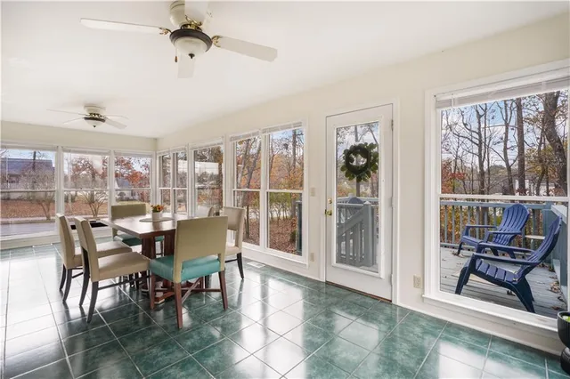 a view of a dining room with furniture window and outside view