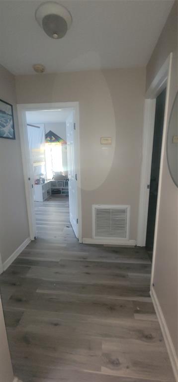 1358 Longacre Road Deridder, LA 70634 - Photo 9 of 11 Hallway featuring wood-finish flooring, light grey painted walls, white baseboards, and a white ceiling-mounted light fixture