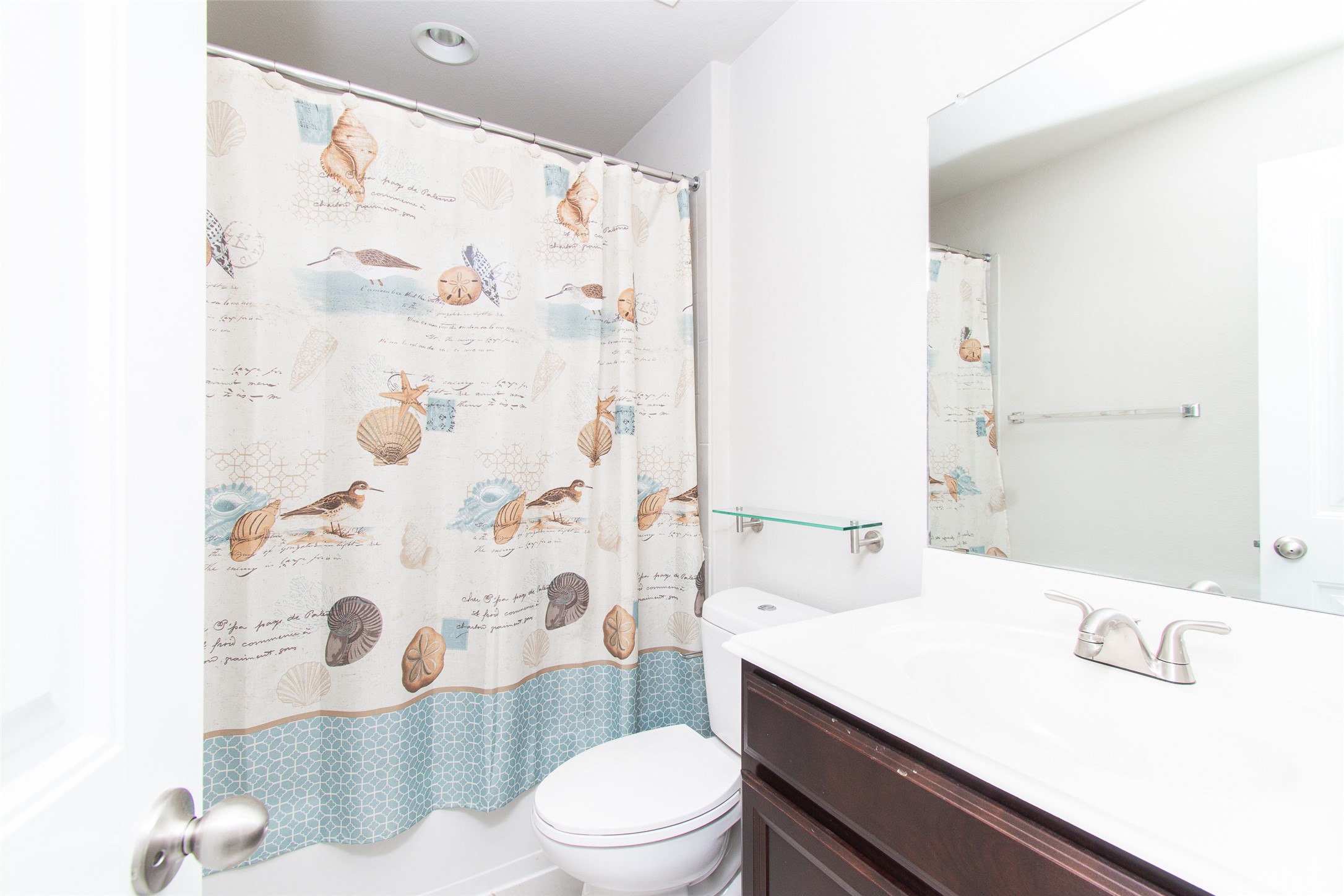 136 Mistflower Lane Kyle, TX 78640 - Photo 16 of 20 a bathroom with a sink a toilet a mirror and shower curtain