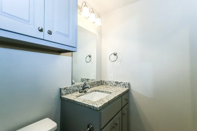 a bathroom with a granite countertop sink and a toilet