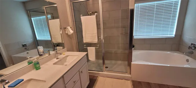 a bathroom with a tub sink and mirror