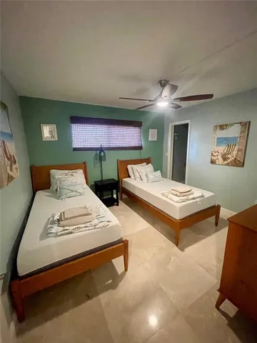 a spacious bedroom with two beds and painted walls