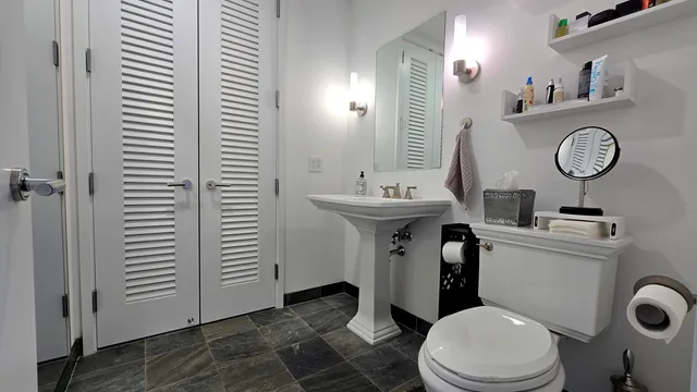 a bathroom with a toilet a sink and a mirror