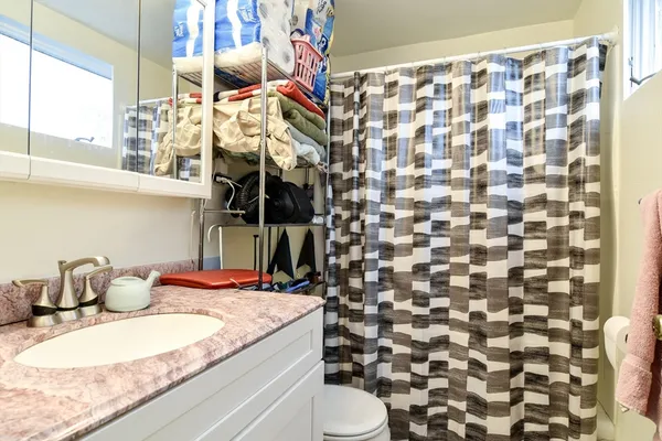 a bathroom with a sink toilet and shower