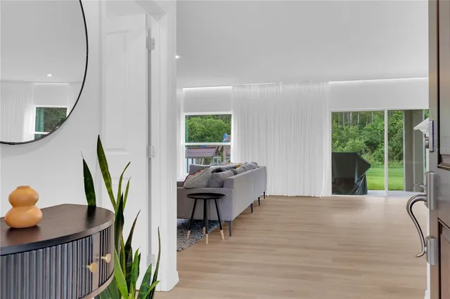 a living room with furniture and a potted plant