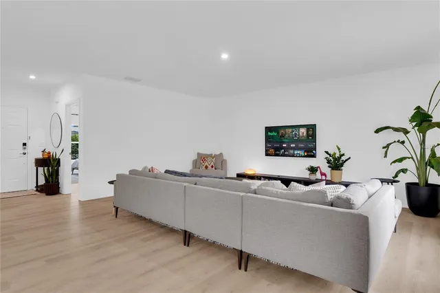 a living room with furniture and a potted plant