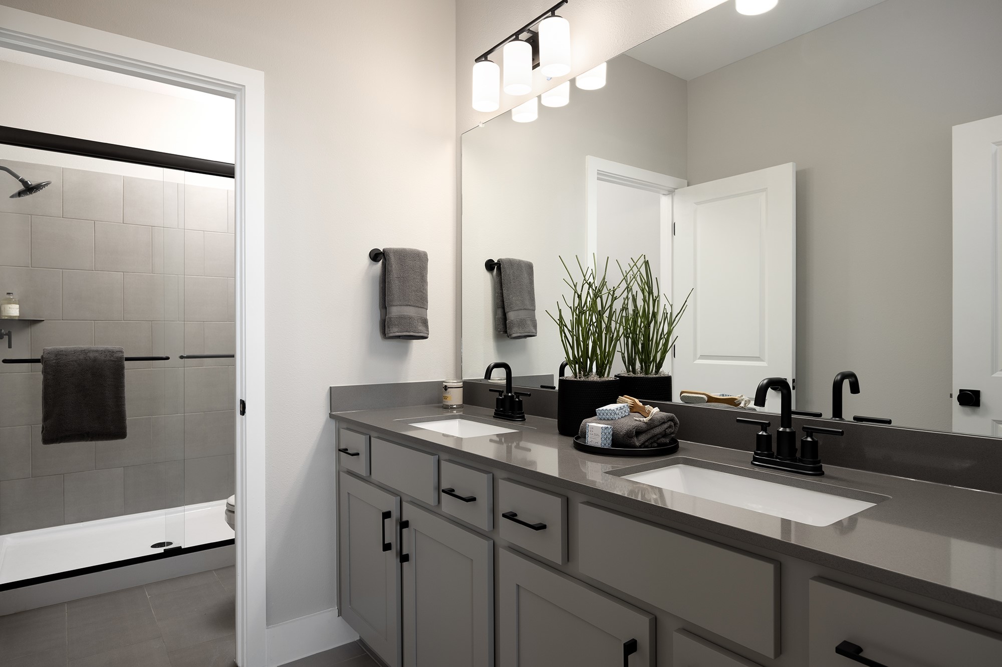 270 Romans Road Kyle, TX 78640 - Photo 8 of 23 a bathroom with double vanity a mirror a double vanity and a shower