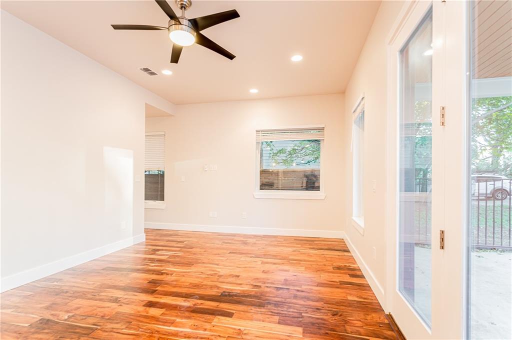 2509 Del Curto Road, Unit B Austin, TX 78704 - Photo 18 of 31 Empty room featuring baseboards, light wood-type flooring, a ceiling fan, and recessed lighting