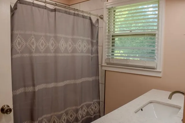 a bathroom with a shower and a sink