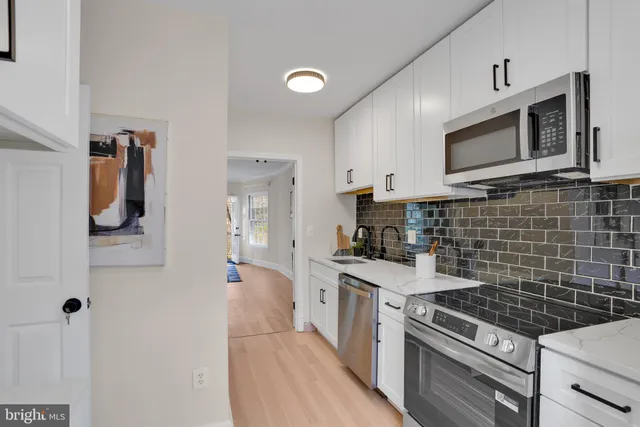 a kitchen with a stove and a microwave