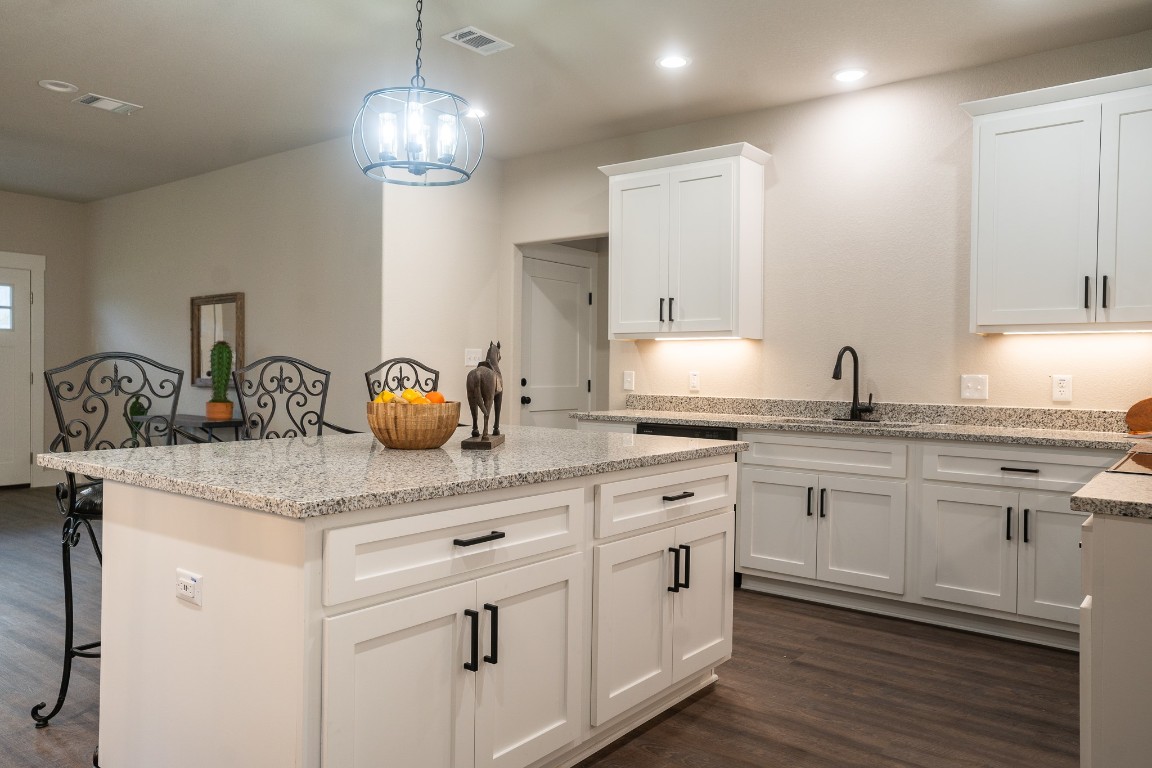 306 String Prairie Way Smithville, TX 78957 - Photo 9 of 25 Kitchen featuring a sink, dark wood-style floors, a breakfast bar, a center island, and recessed lighting