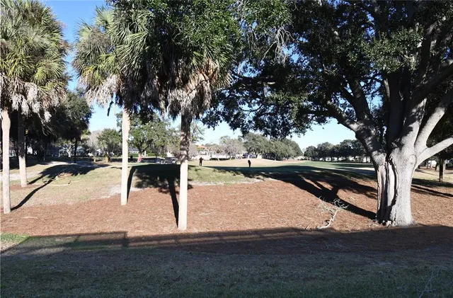 an aerial view of residential houses with outdoor space and trees