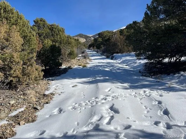 a view of a snow on the road