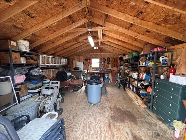 a view of a storage room with racks