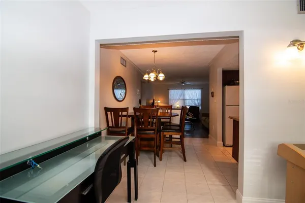 a view of a dining room with furniture