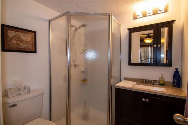 a bathroom with a sink a mirror a toilet and shower