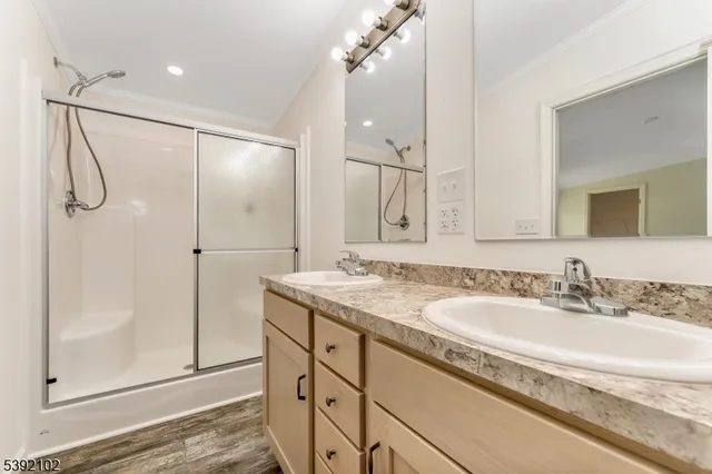 a bathroom with a granite countertop sink a mirror and shower