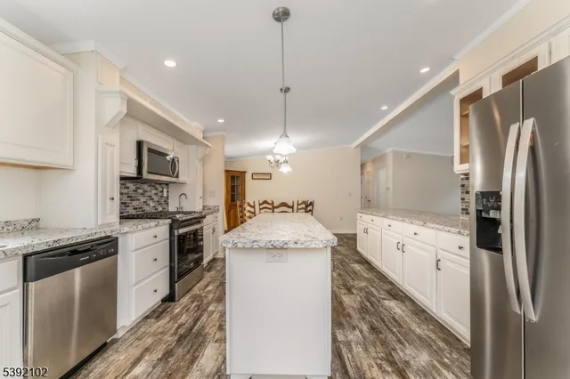 a kitchen with stainless steel appliances granite countertop a refrigerator a stove and a sink