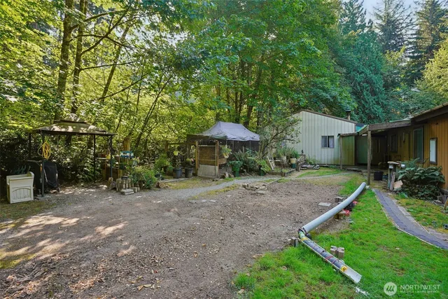 a view of a house with backyard and a tree