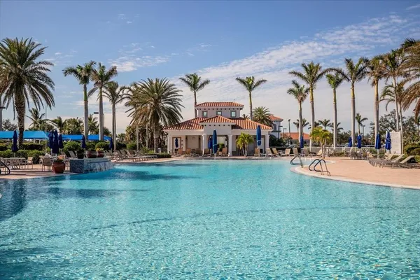 a view of swimming pool with palm trees