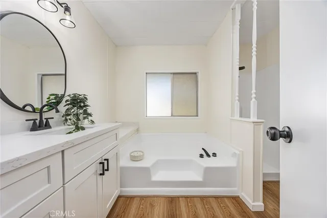 a bathroom with a bathtub sink and mirror