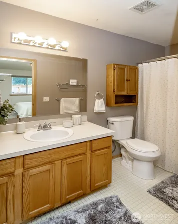 a bathroom with a sink a toilet and mirror