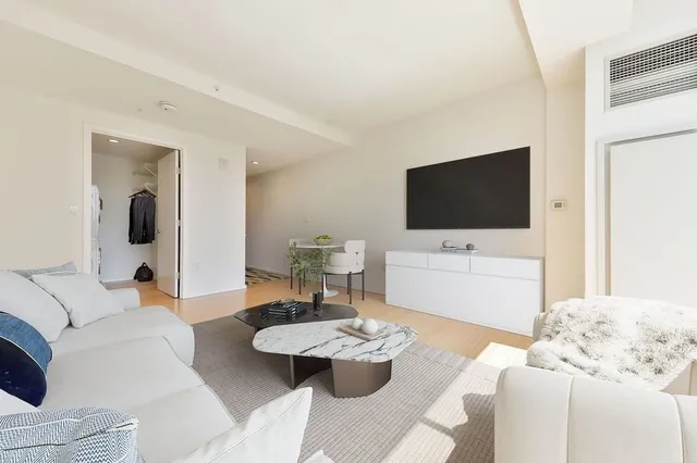a living room with furniture potted plant and a large window