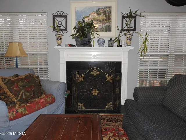 a living room with furniture and a fireplace