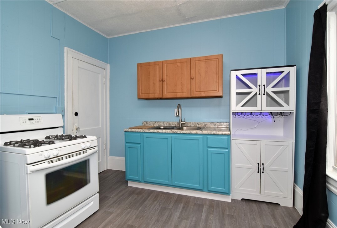 4213 Valley Road Cleveland, OH 44109 - Photo 12 of 47 Kitchen featuring blue cabinetry, crown molding, gas range gas stove, dark wood-type flooring, and a sink