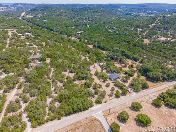 an aerial view of residential houses with outdoor space and trees