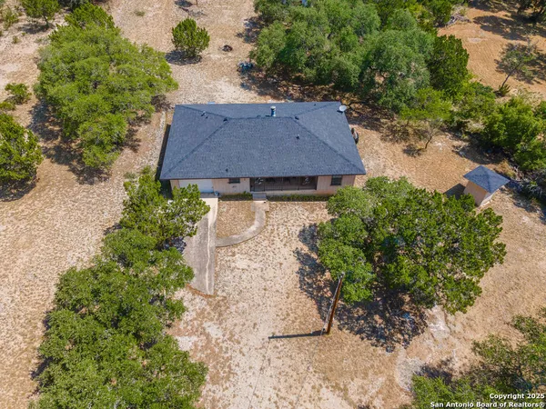 an aerial view of a forest with mountain