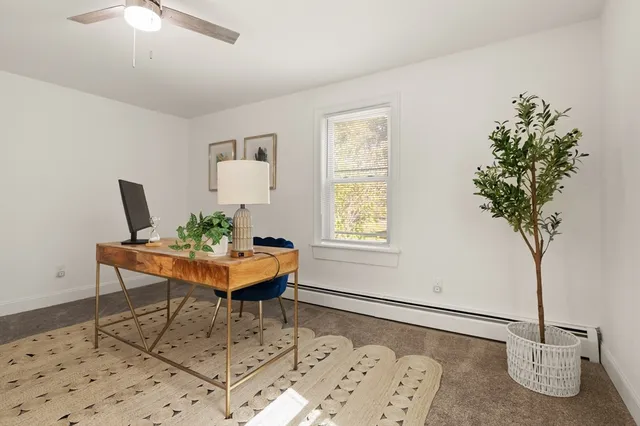 a living room with furniture and a potted plant
