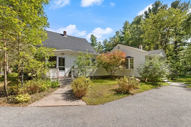 a view of a house with a yard and potted plants