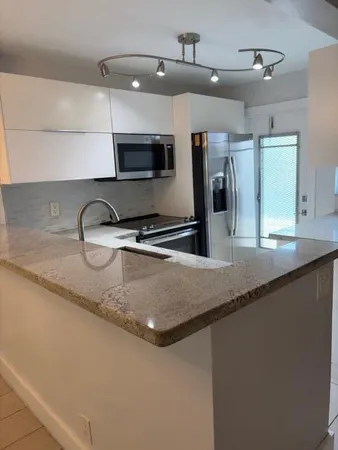 a kitchen with granite countertop a sink a counter top space cabinets and stainless steel appliances