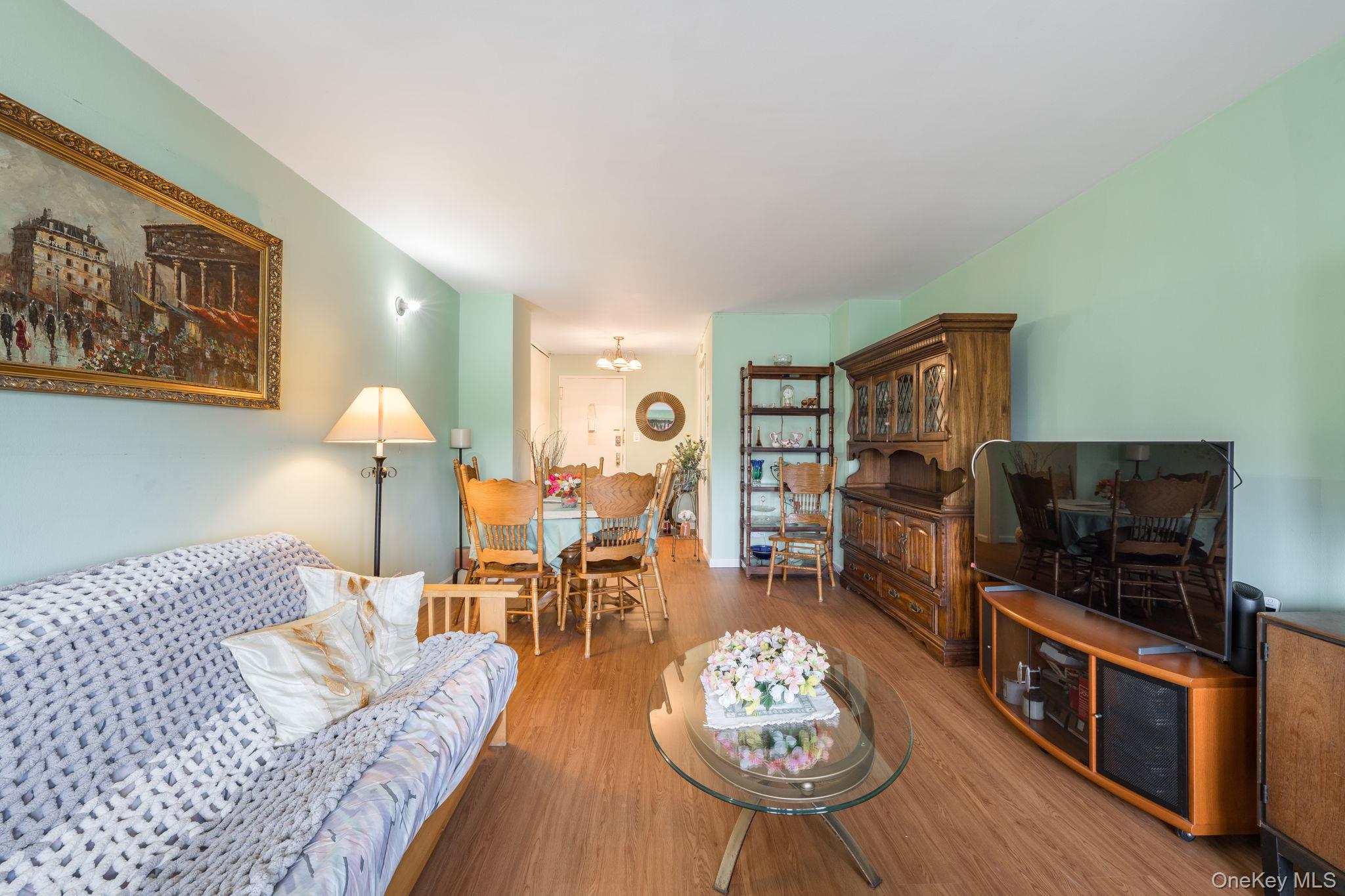 85-15 Main Street, Unit 3E Queens, NY 11435 - Photo 7 of 16 a living room with furniture kitchen view and a flat screen tv