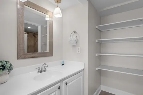 a bathroom with a sink and a mirror