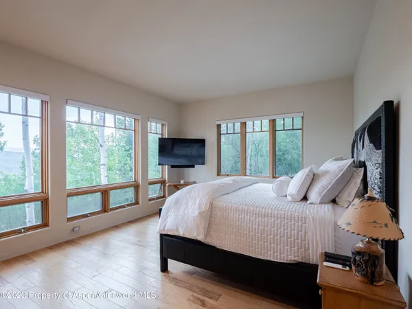 a bedroom with a bed and a flat tv screen on the dresser
